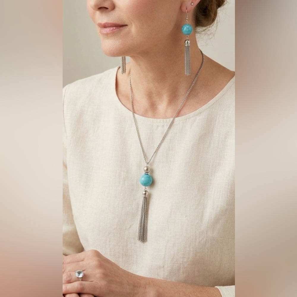 Turquoise & Silver Tassel Jewelry Set - Necklace & Earrings - Picture 4 of 12